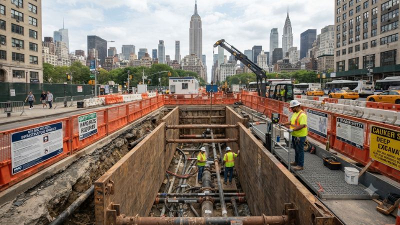 Escena de obras de infraestructura en Nueva York con una excavación protegida que ilustra la campaña de concienciación «Trench Safety Stand Down».