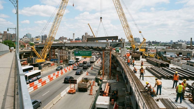 Illustrative highway overpass construction site representing a Parkway Overpass Fall during a New York infrastructure project.