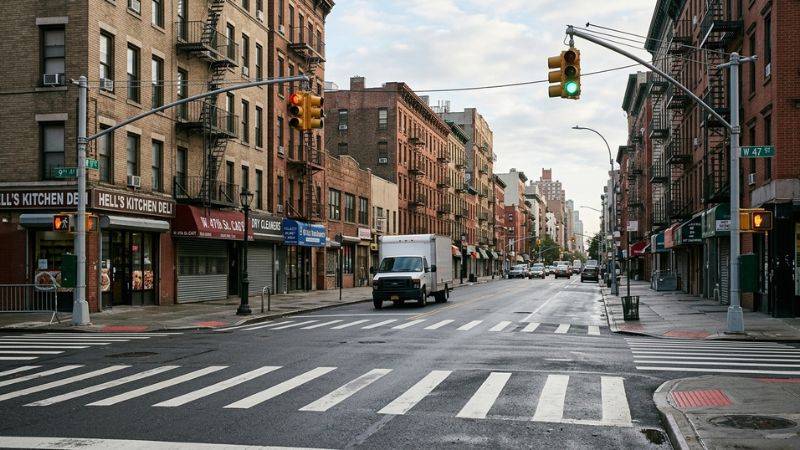 Illustrative Hell’s Kitchen hit-and-run context showing a Manhattan intersection, crosswalk, traffic signals, and generic delivery truck.