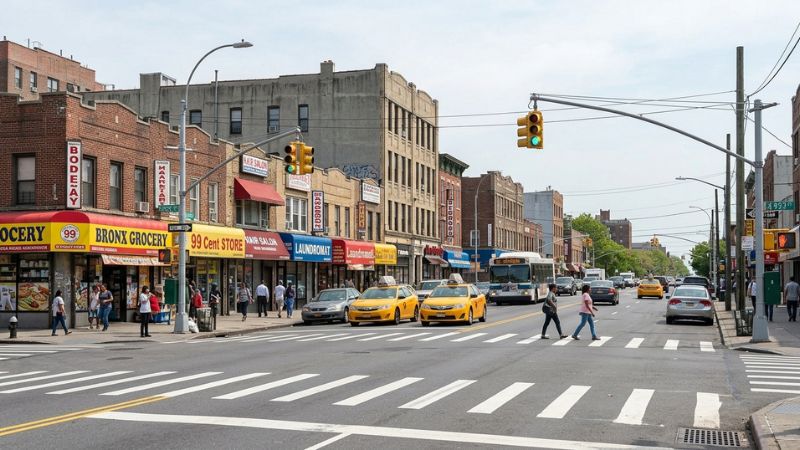 Bronx streetscape illustrating the setting associated with a Bronx pedestrian hit-and-run victim case, with crosswalks and normal traffic.