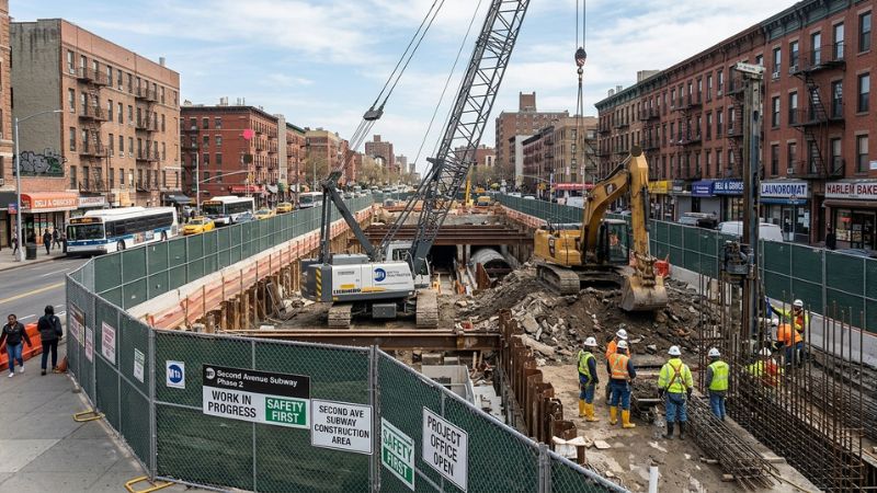Illustrative view of the Second Avenue Subway Construction project with excavation equipment and construction barriers in New York City.