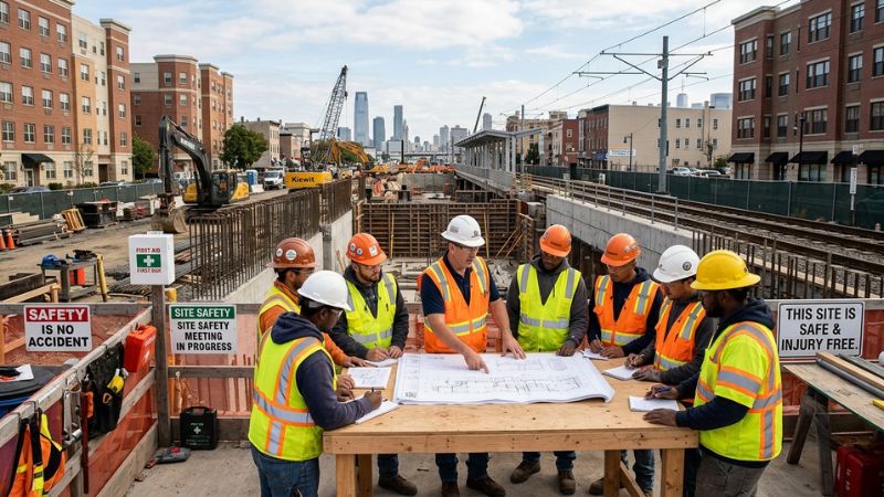 Construction workers participating in a safety meeting during Second Avenue Subway Construction at a large infrastructure project.