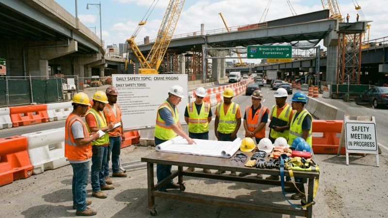 Construction workers attending a safety meeting near an overpass following a Parkway Overpass Fall scenario.