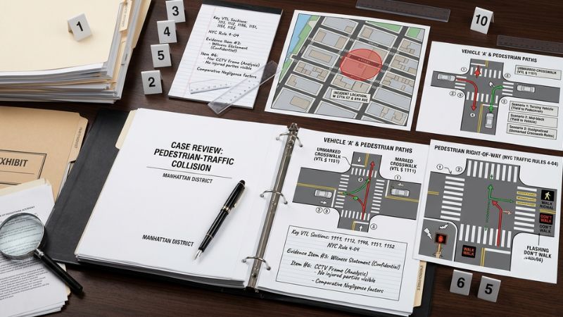 Hell’s Kitchen hit-and-run legal review represented by documents, a street map, vehicle diagram, and crosswalk illustration.