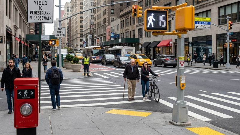New York City crosswalk and traffic signal representing pedestrian safety context surrounding a Bronx pedestrian hit-and-run victim case.