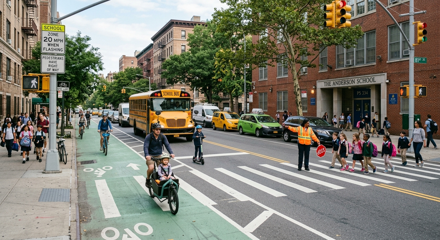 New York City school street with a yellow bus and crosswalk representing Back-to-School Traffic Safety.