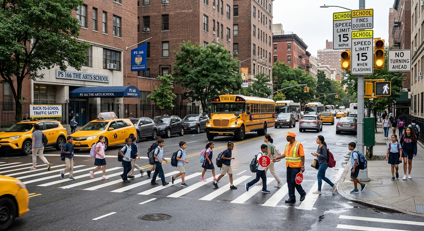 NYC intersection with a school bus, crosswalk, and 15 mph sign illustrating Back-to-School Traffic Safety.
