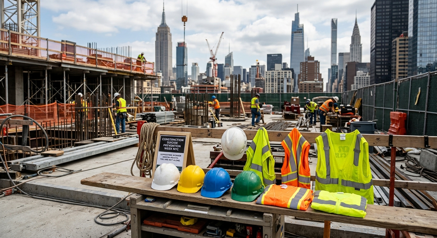 Hard hats and safety equipment at a New York City jobsite representing Construction Suicide Prevention Week NYC and worker mental health.