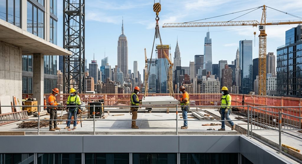 Trabajadores de la construcción en una obra bien organizada de la ciudad de Nueva York, en el marco de la «Semana de Reconocimiento a la Construcción de Nueva York».
