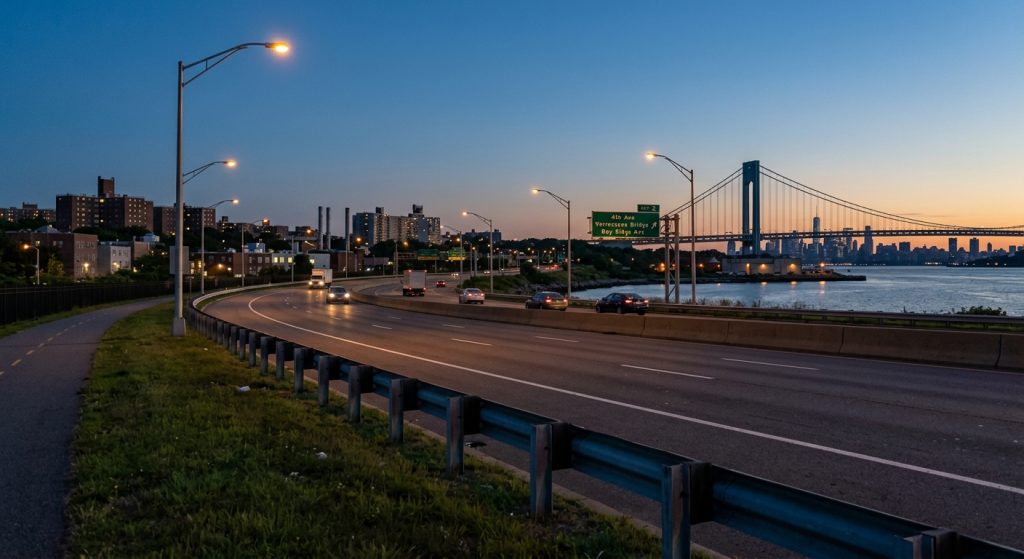 Una tranquila autopista de Brooklyn al atardecer que refleja las condiciones generales del tráfico en la ciudad de Nueva York.