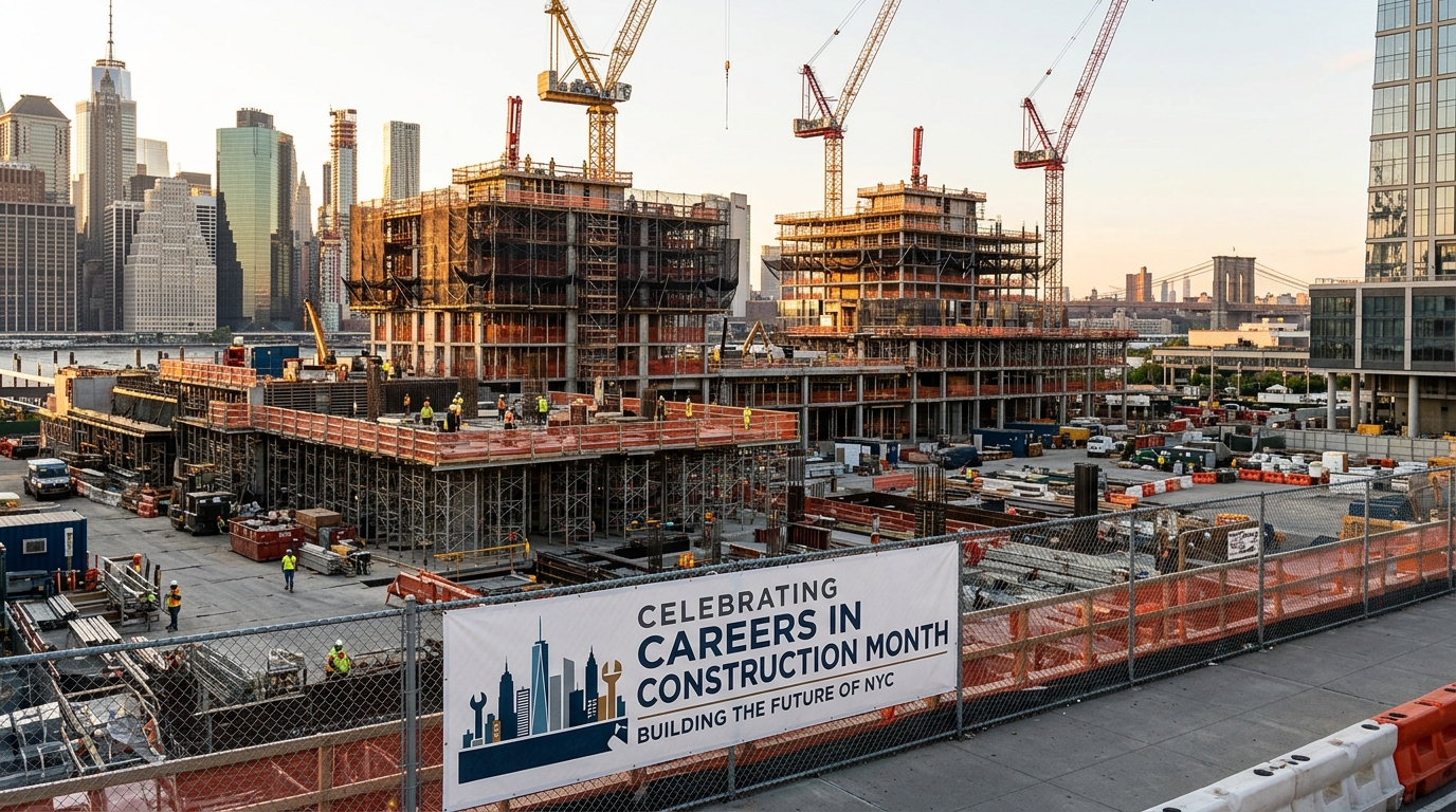 El perfil urbano de la ciudad de Nueva York, con grúas y obras en marcha, durante el Mes de las Profesiones de la Construcción.