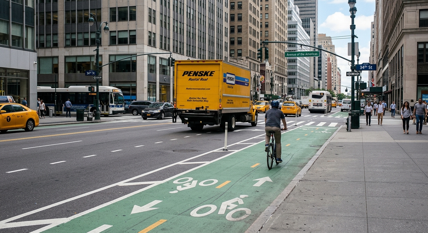 Imagen ilustrativa de una calle de Midtown en la que aparecen, por separado, un ciclista y un camión comercial, para un artículo sobre un accidente mortal de un ciclista en Midtown.