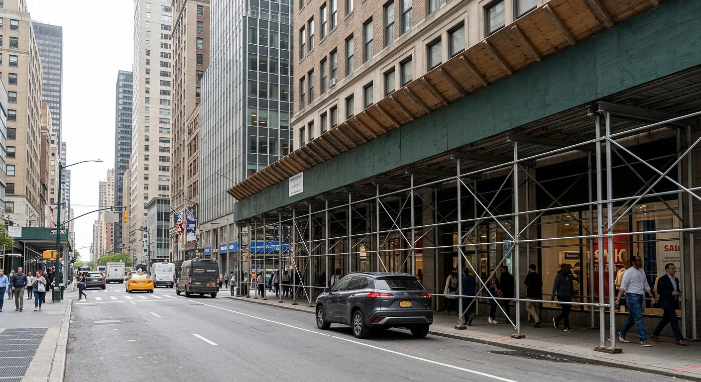 Imagen de un accidente con andamios en Midtown que muestra una calle de Manhattan, un turismo y andamios en la acera, sin que se aprecie la escena del accidente.