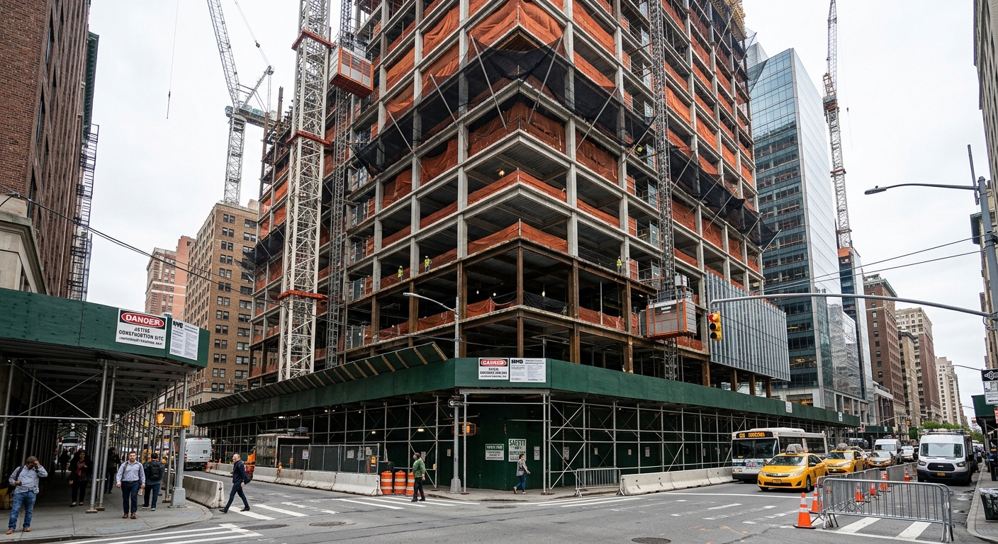 Obra en la ciudad de Nueva York con grúas y andamios que ilustra cómo aumentaron las muertes en el sector de la construcción en Nueva York.