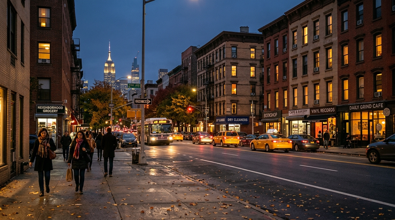 Tráfico en un barrio de Nueva York al atardecer, que ilustra el contexto de desplazamiento de la Semana de Prevención de la Conducción con Somnolencia.